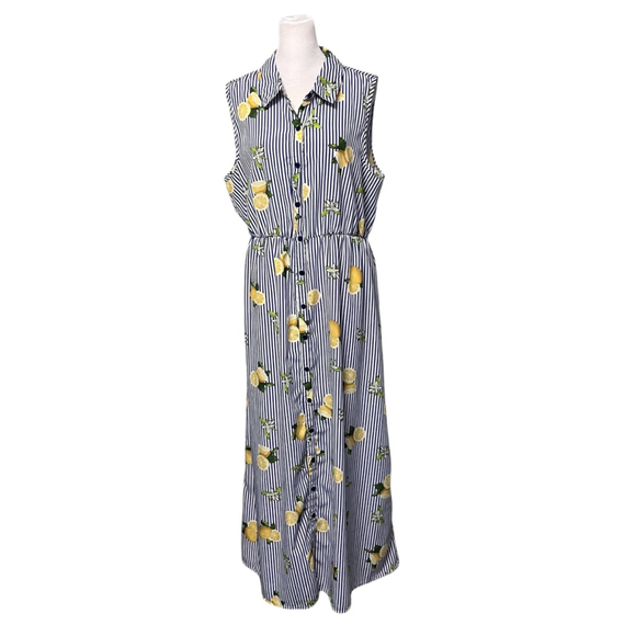 Mlle Gabrielle Dresses & Skirts - Mlle Gabrielle Blue Striped Lemon Print Button Down Shirt Maxi Dress Size XL